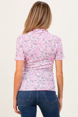 Pink Floral Ruffle Mock Neck Maternity Short Sleeve Top