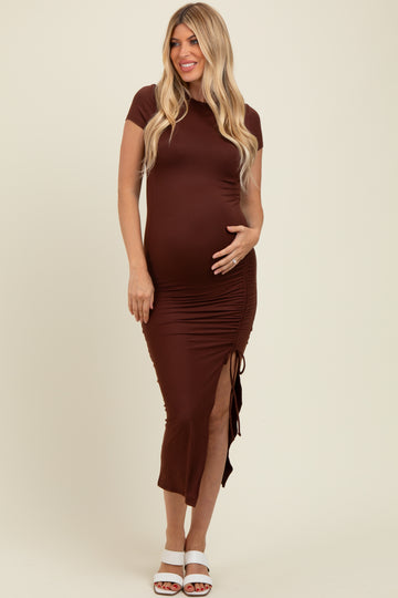 Brown Side Slit Maternity Maxi Dress