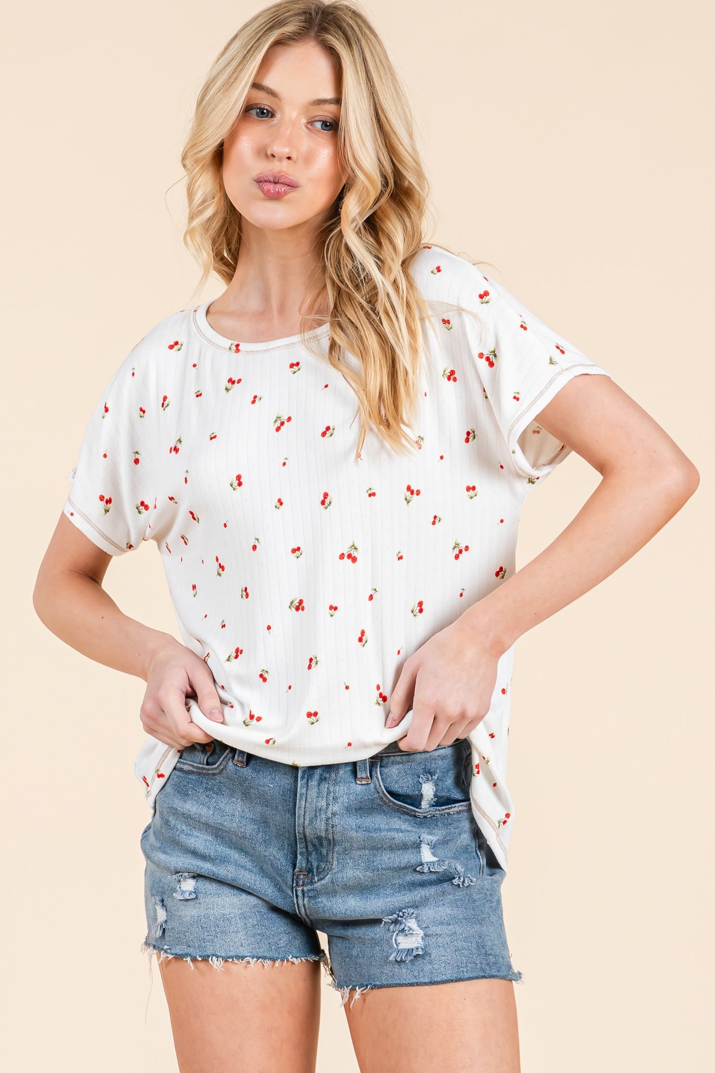 Ivory Cherry Print Ribbed Short Sleeve Tee