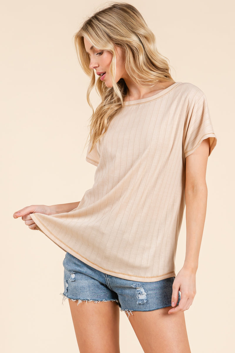 Beige Ribbed Relaxed Tee – PinkBlush