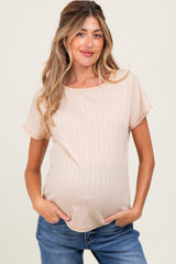 Beige Ribbed Relaxed Maternity Tee