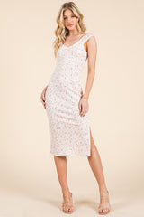 Pink Floral Ditsy Cap Sleeve Side Slit Midi Dress