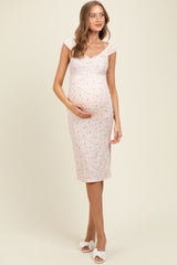 Pink Floral Ditsy Cap Sleeve Side Slit Maternity Midi Dress