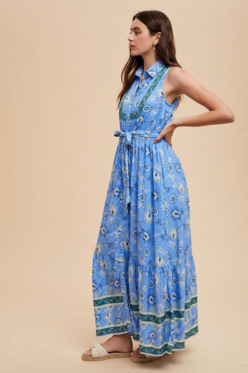 Blue Border Print Collared Button Down Maxi Dress