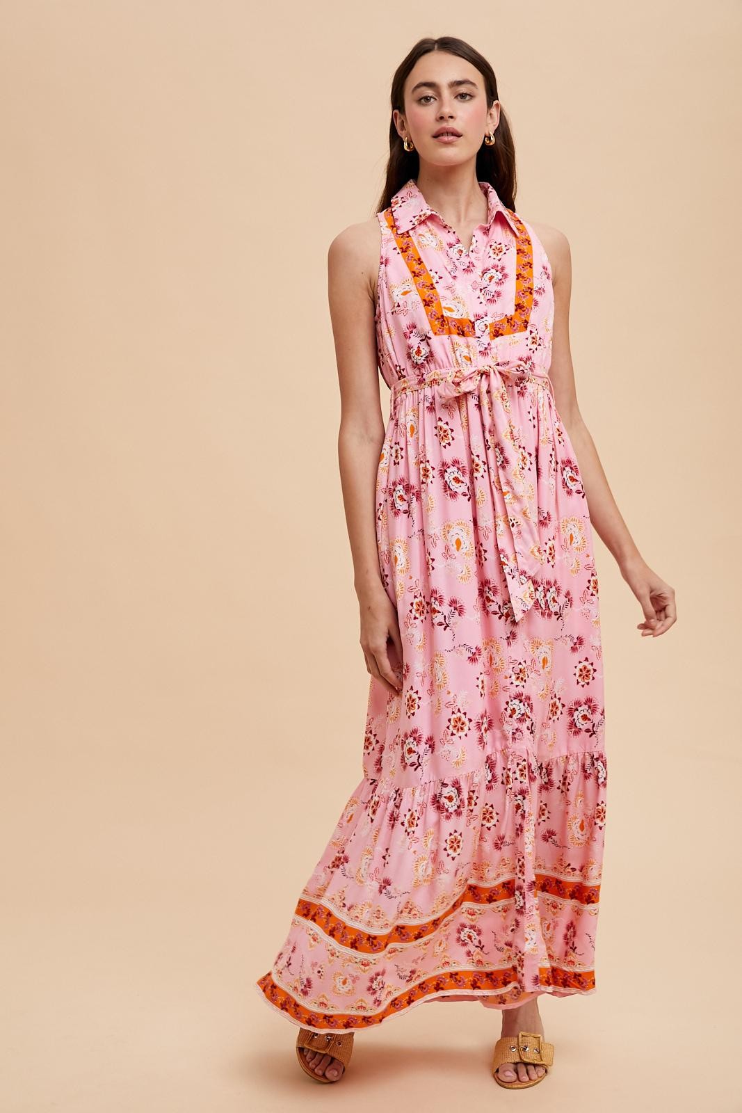 Pink Border Print Collared Button Down Maternity Maxi Dress