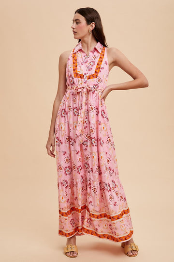 Pink Border Print Collared Button Down Maxi Dress