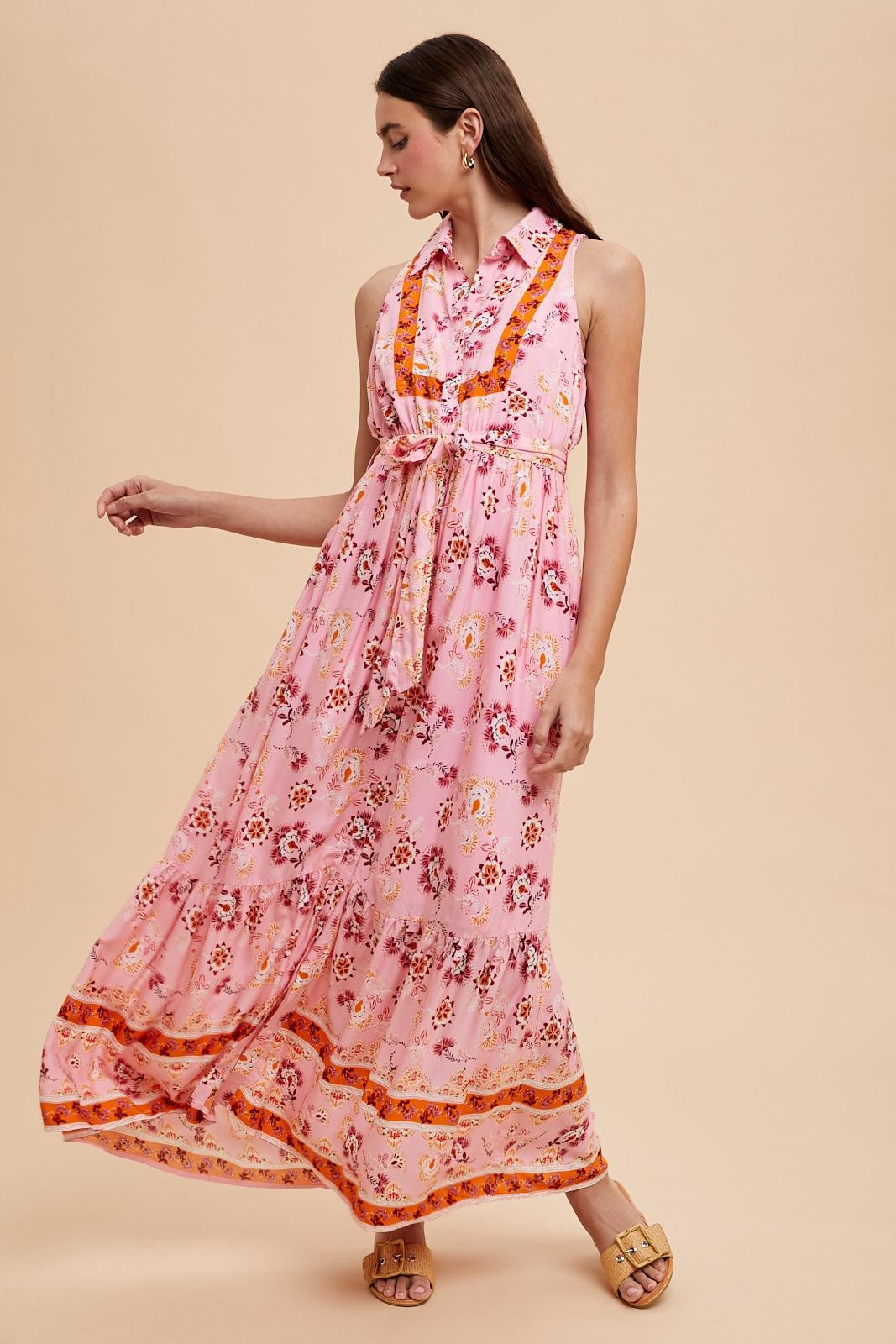 Pink Border Print Collared Button Down Maxi Dress