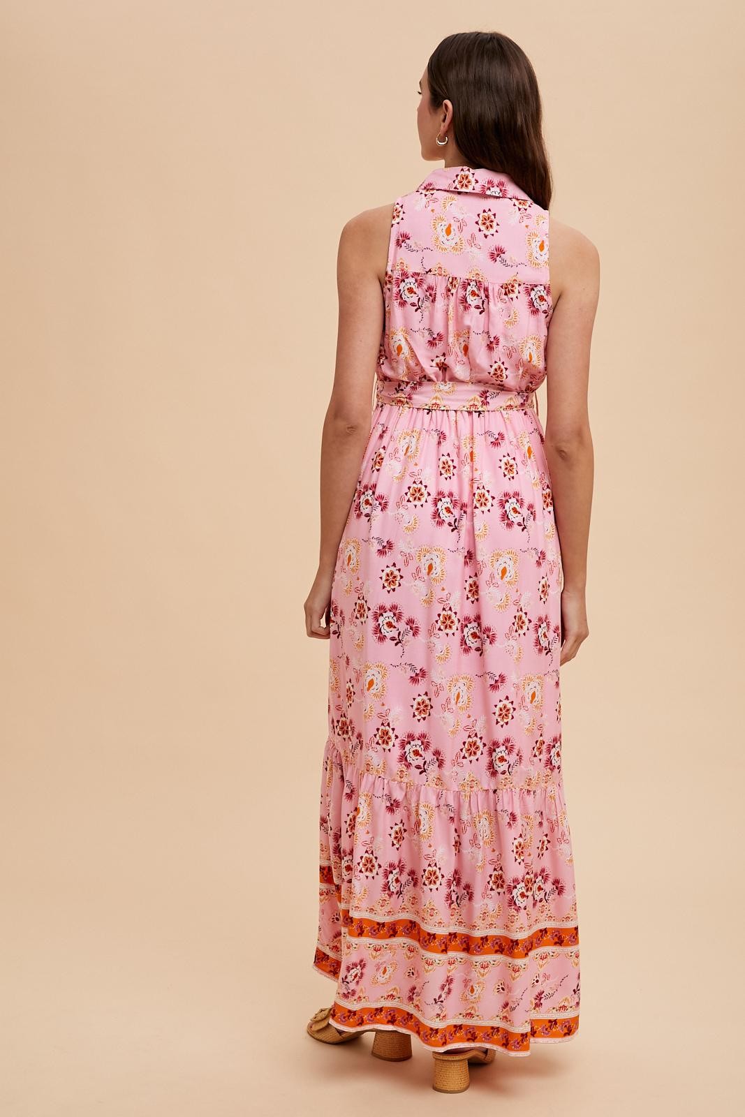 Pink Border Print Collared Button Down Maxi Dress