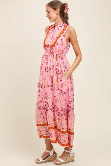Pink Border Print Collared Button Down Maternity Maxi Dress