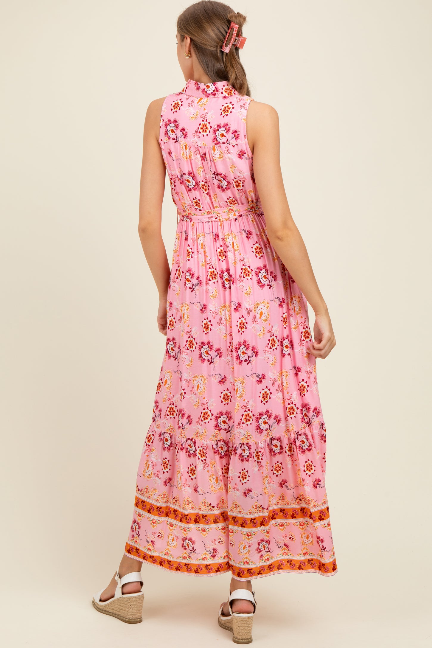 Pink Border Print Collared Button Down Maternity Maxi Dress
