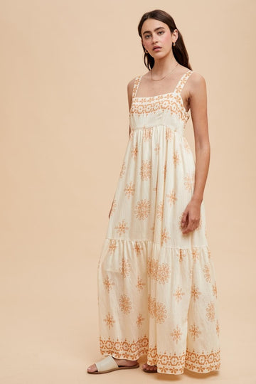 Cream Border Print Sleeveless Tiered Maxi Dress