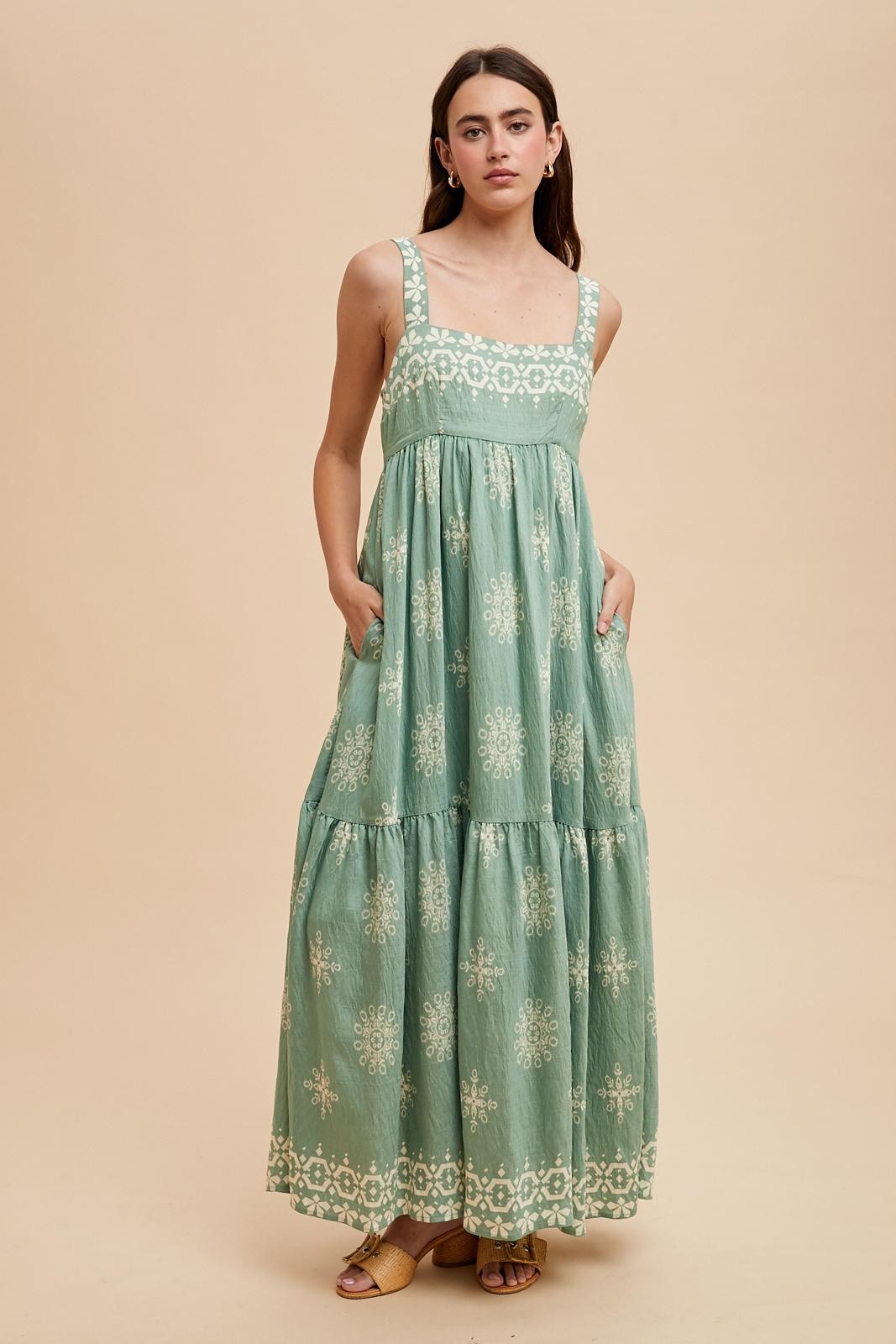 Mint Border Print Sleeveless Tiered Maxi Dress