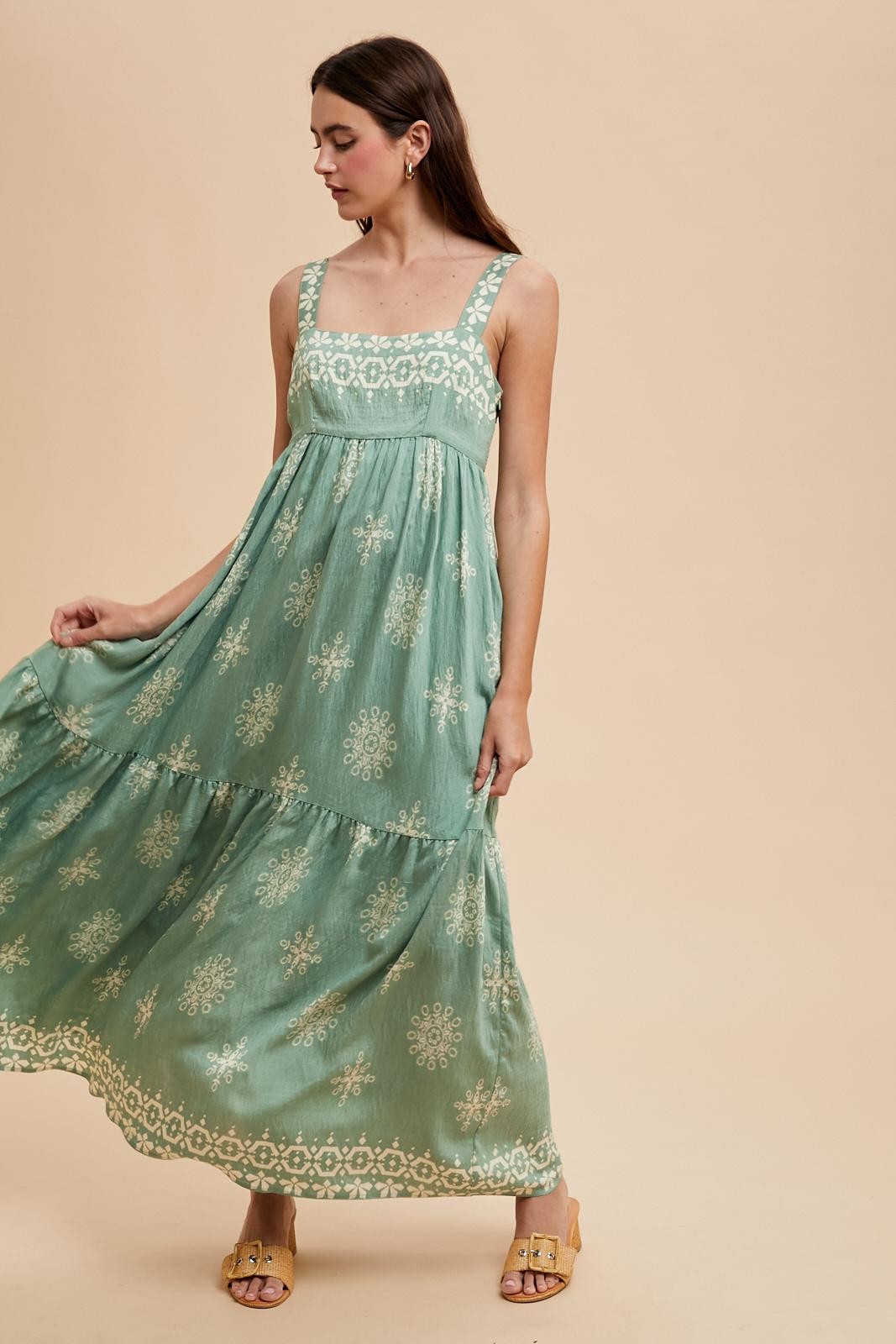 Mint Border Print Sleeveless Tiered Maxi Dress