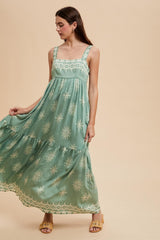Mint Border Print Sleeveless Tiered Maxi Dress