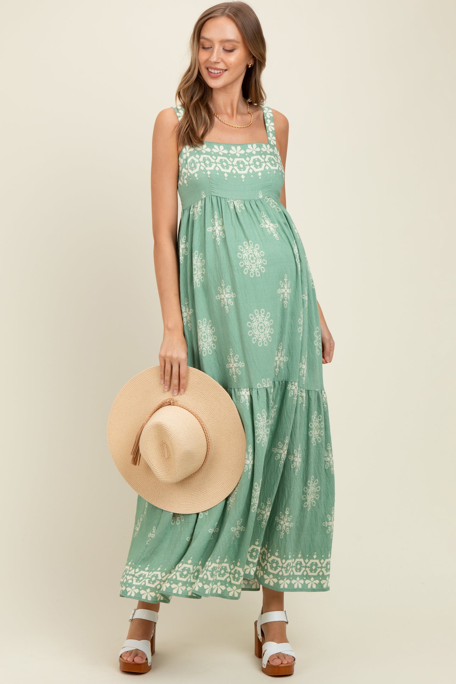 Mint Border Print Sleeveless Tiered Maternity Maxi Dress