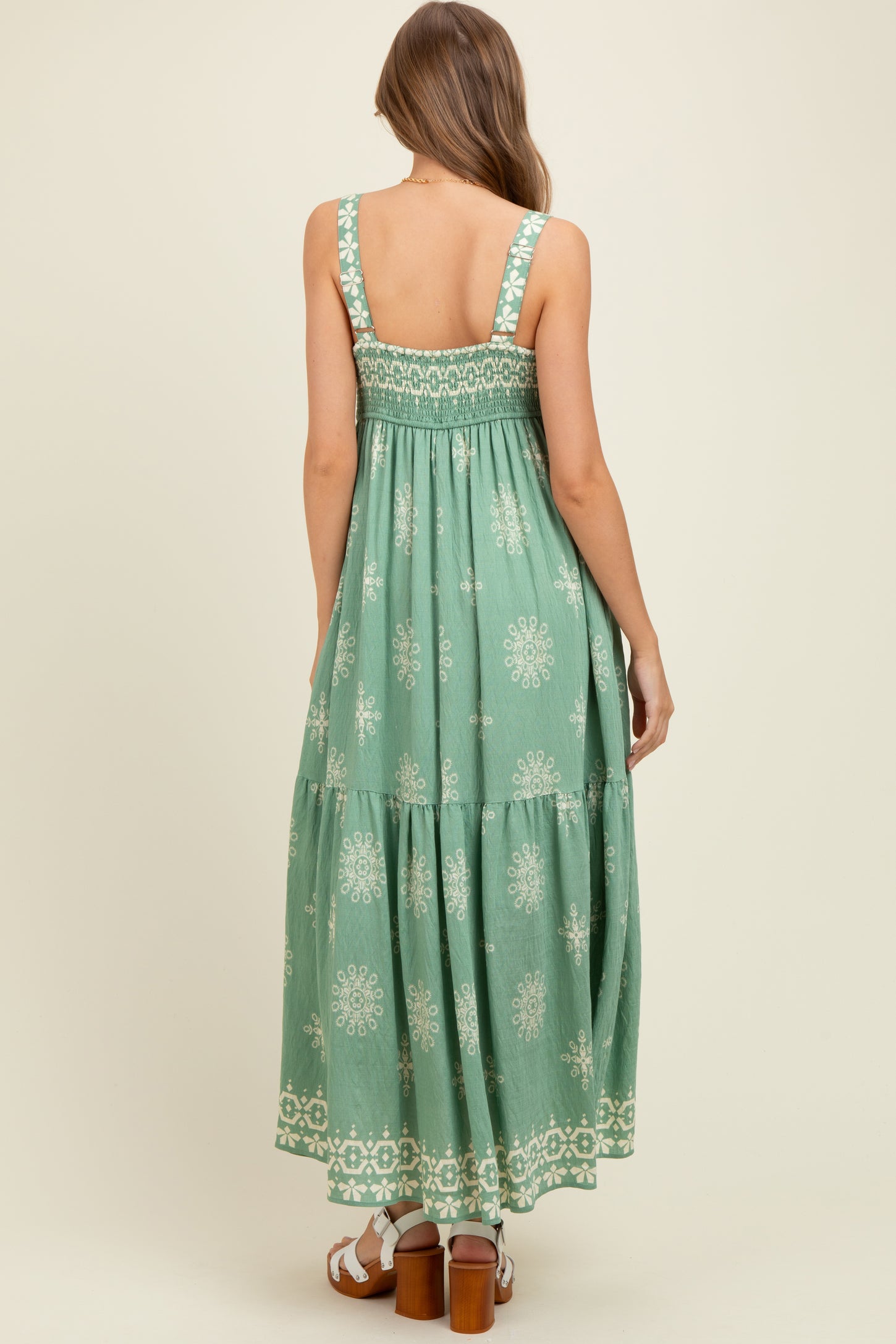 Mint Border Print Sleeveless Tiered Maternity Maxi Dress