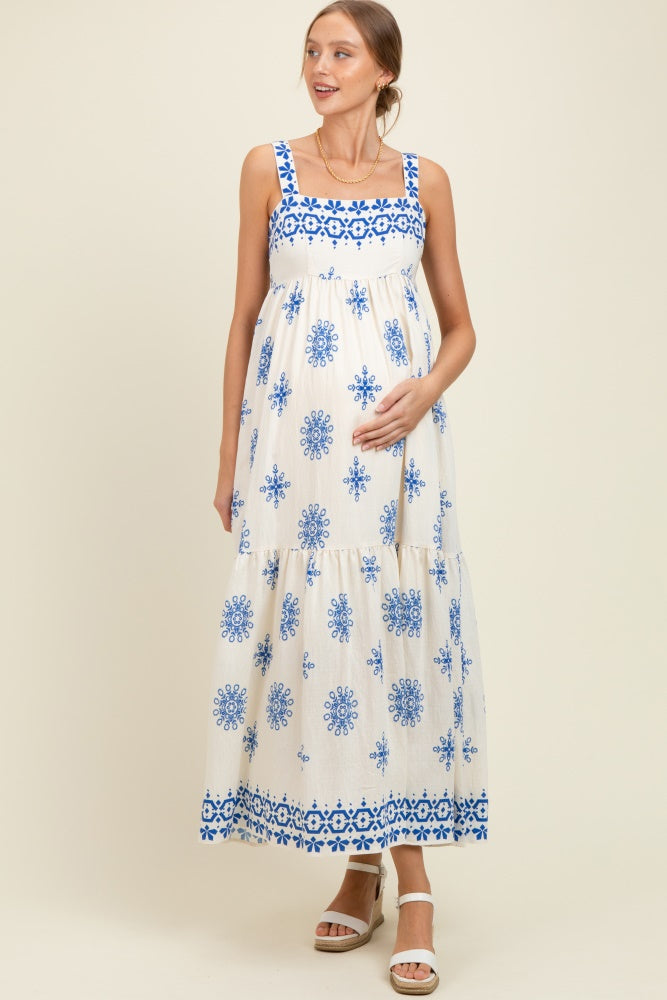 Blue Border Print Sleeveless Tiered Maternity Maxi Dress