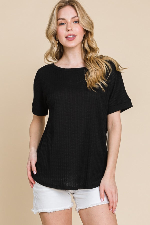 Black Ribbed Knit Short Sleeve Top