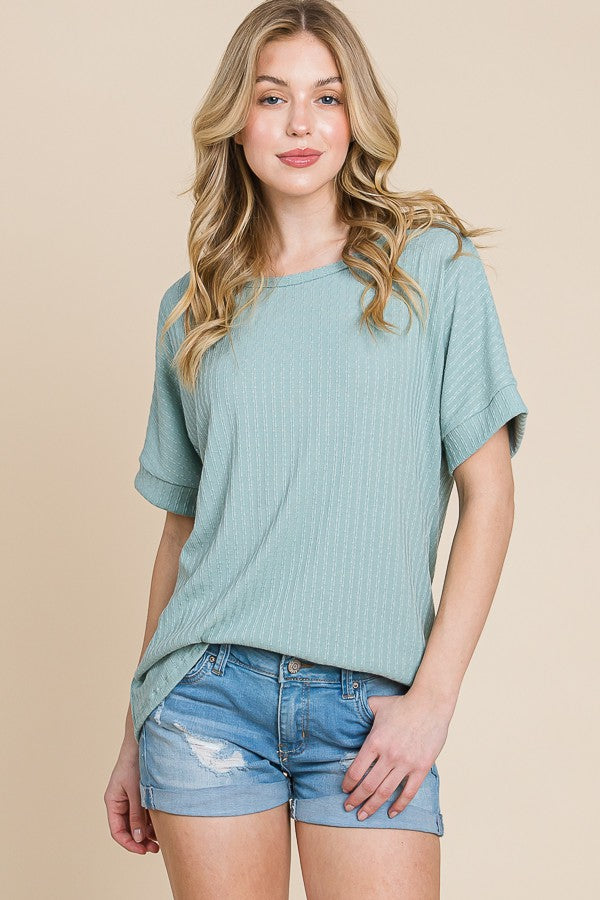 Light Olive Ribbed Knit Short Sleeve Top