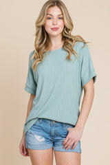 Light Olive Ribbed Knit Short Sleeve Top