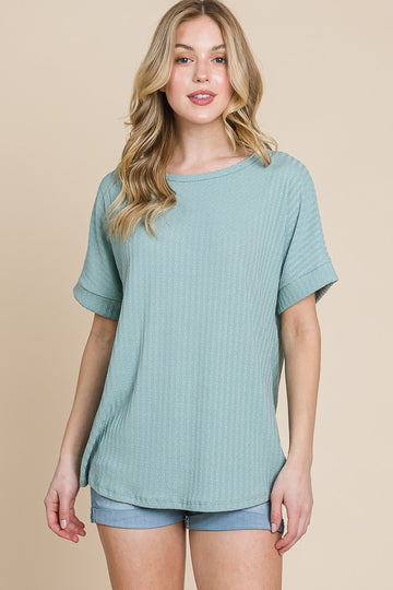 Light Olive Ribbed Knit Short Sleeve Top