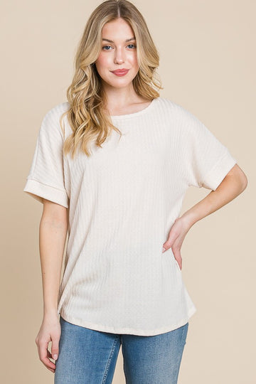 Ivory Ribbed Knit Short Sleeve Top