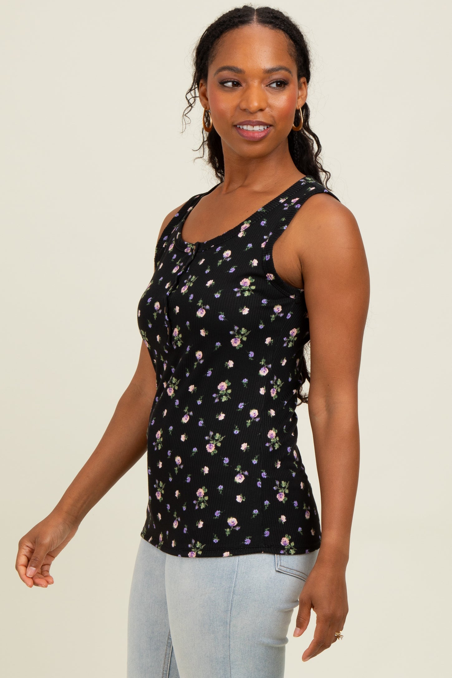 Black Floral Ribbed Button Front Tank Top