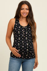 Black Floral Ribbed Button Front Maternity Tank Top