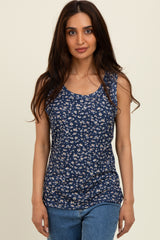 Navy Floral Ribbed Tank Top