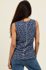 Navy Floral Ribbed Tank Top