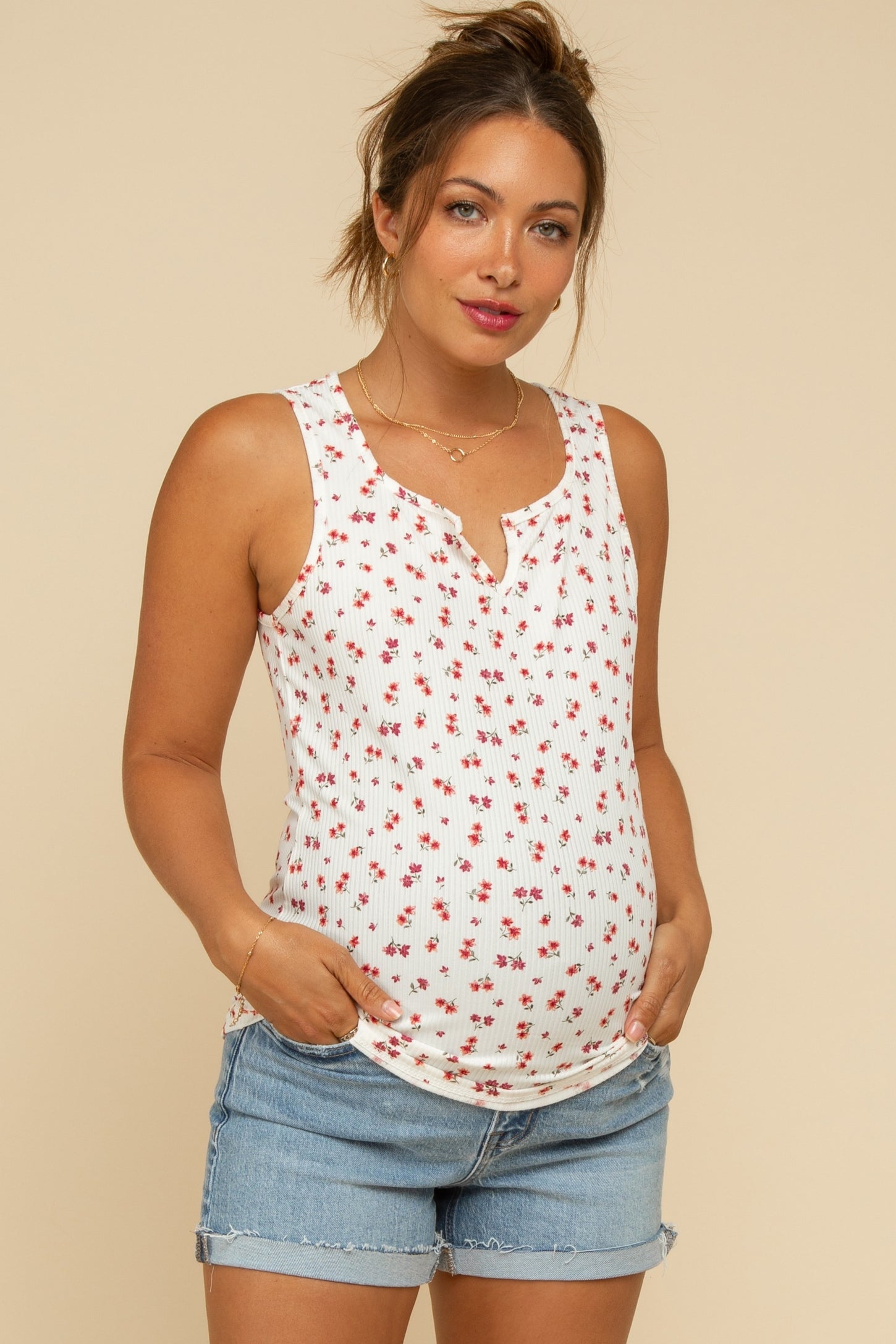 Ivory Floral Ribbed Split Neck Maternity Tank Top