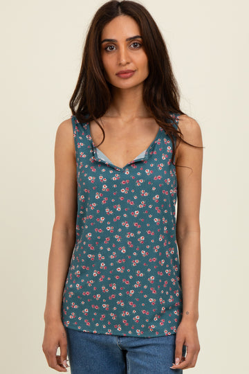 Teal Floral Ribbed Split Neck Tank Top