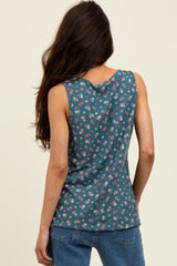 Teal Floral Ribbed Split Neck Tank Top