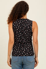 Black Floral Ribbed Split Neck Maternity Tank Top