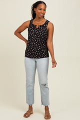 Black Floral Ribbed Split Neck Tank Top