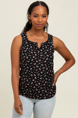 Black Floral Ribbed Split Neck Tank Top