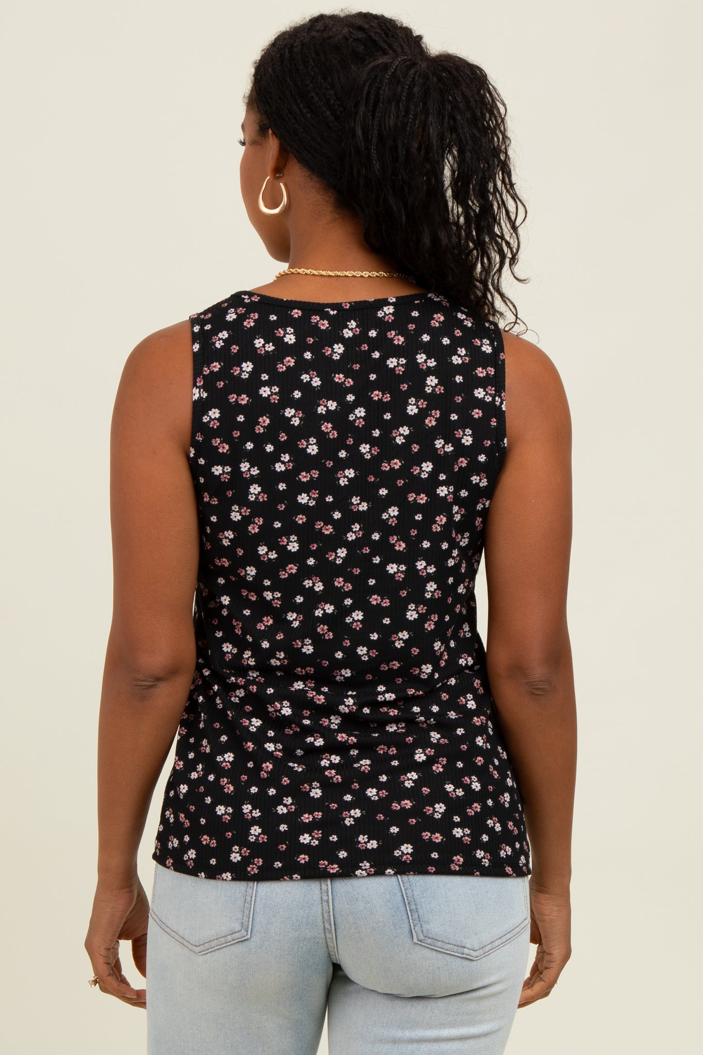 Black Floral Ribbed Split Neck Tank Top