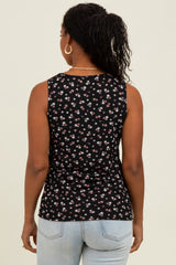Black Floral Ribbed Split Neck Tank Top