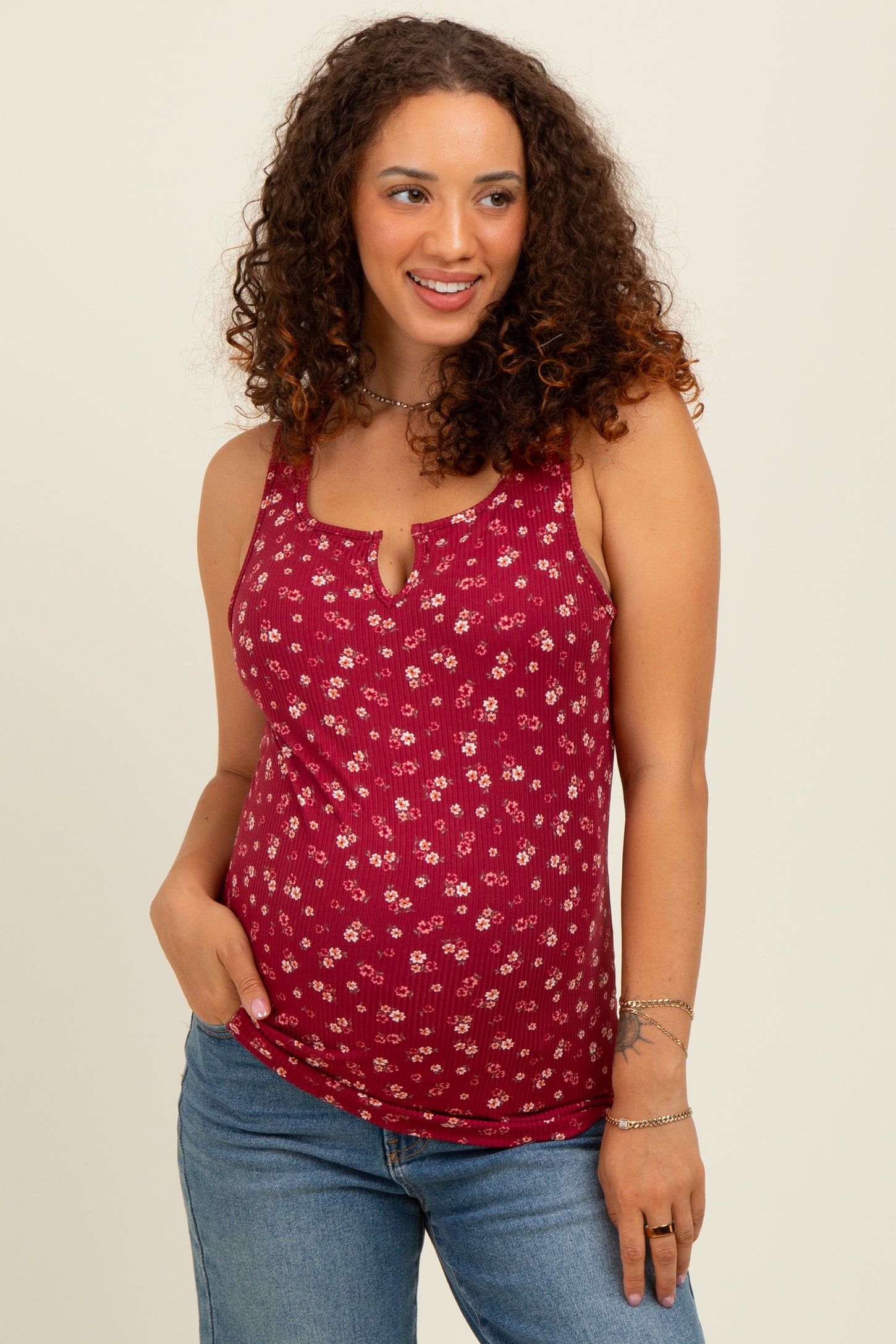 Burgundy Floral Ribbed Split Neck Maternity Tank Top