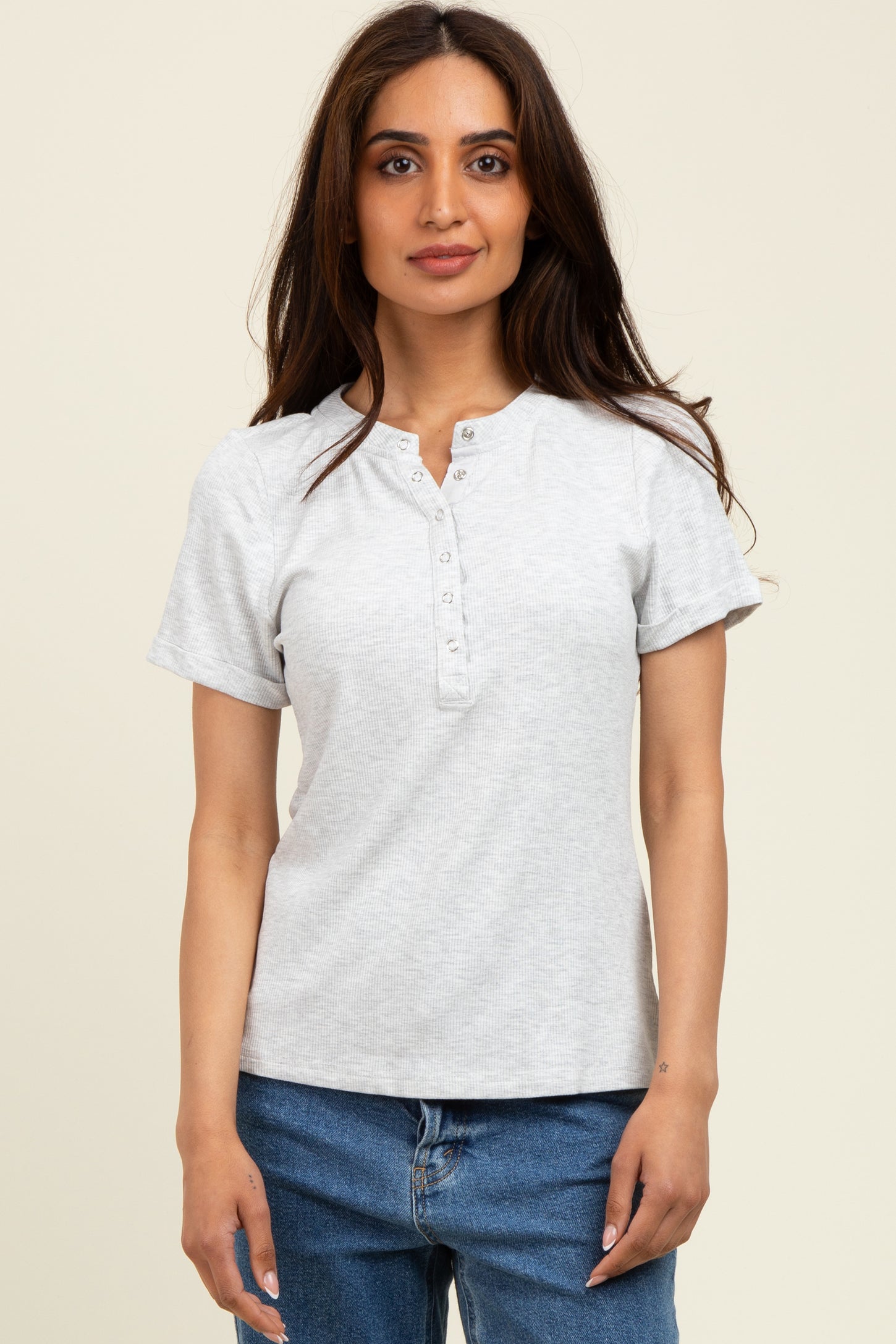 Heather Grey Snap Button Maternity Short Sleeve Top
