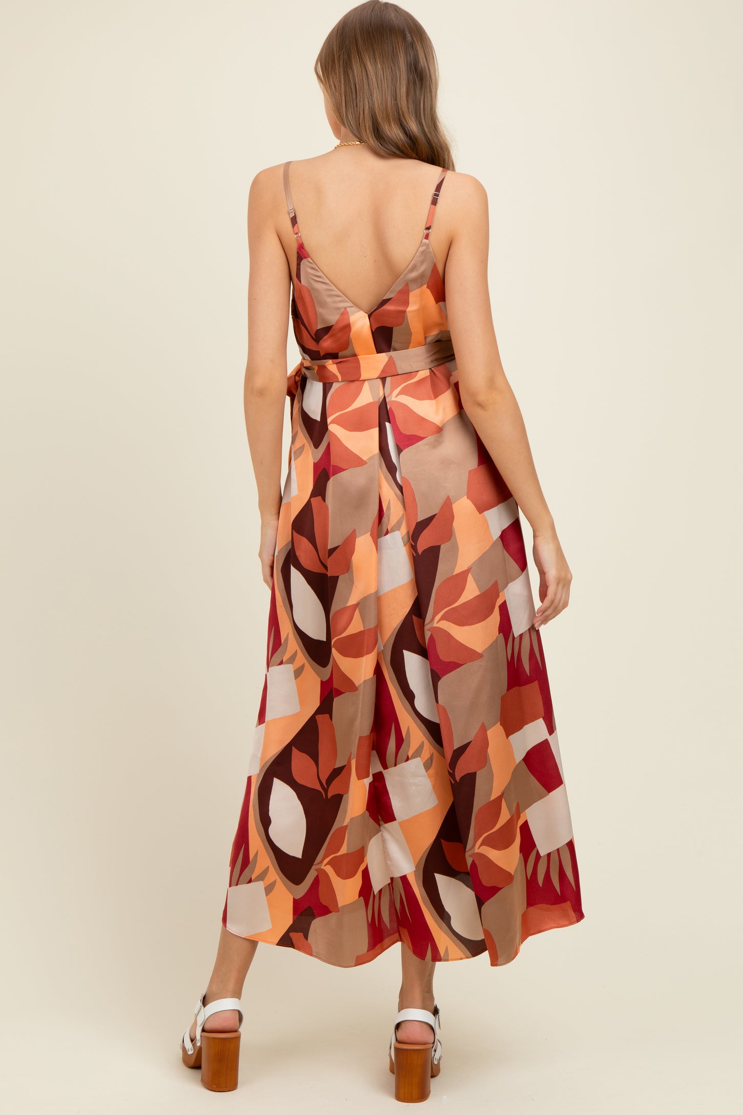 Rust Geometric Print Sash Tie Maternity Maxi Dress