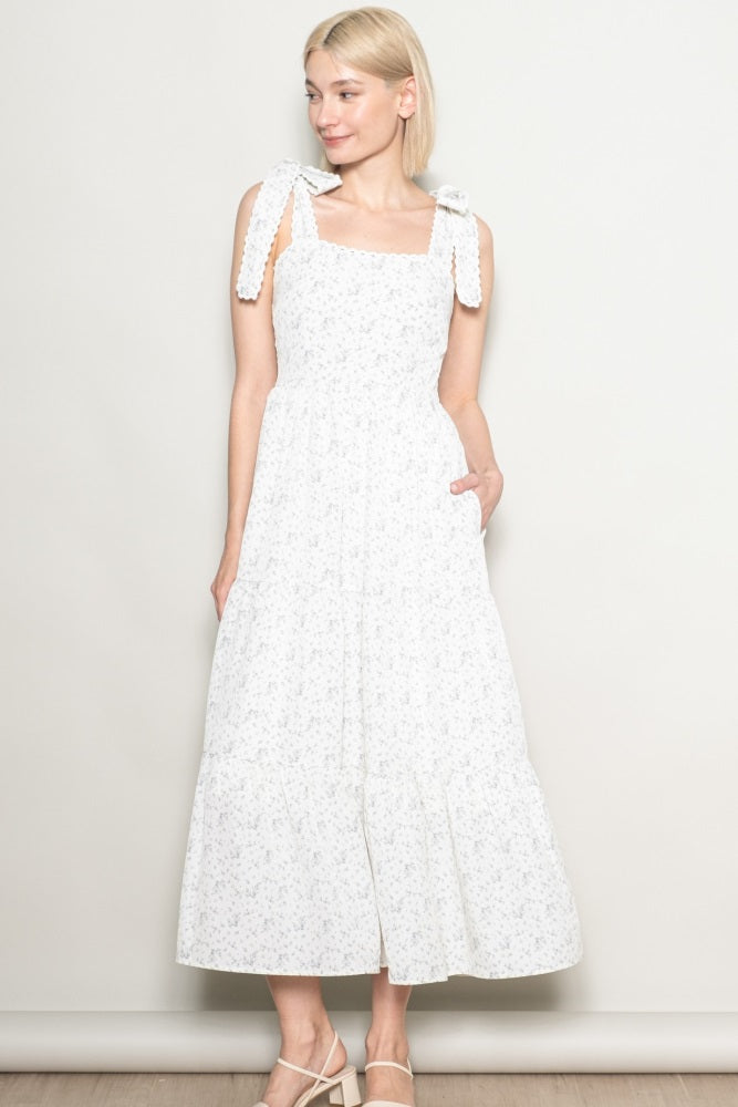 Ivory Floral Lace Trim Shoulder Tie Maxi Dress