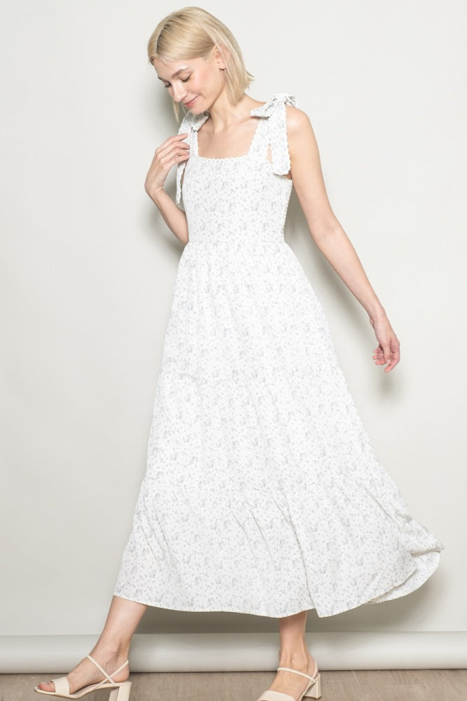 Ivory Floral Lace Trim Shoulder Tie Maxi Dress