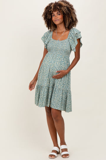 Light Olive Floral Smocked Flutter Sleeve Maternity Dress