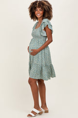 Light Olive Floral Smocked Flutter Sleeve Maternity Dress