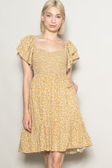 Yellow Floral Smocked Flutter Sleeve Dress