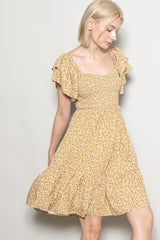 Yellow Floral Smocked Flutter Sleeve Dress