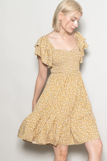 Yellow Floral Smocked Flutter Sleeve Dress