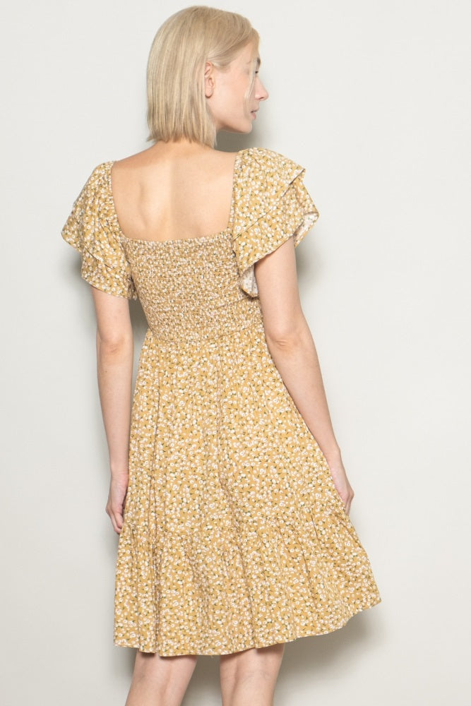 Yellow Floral Smocked Flutter Sleeve Dress