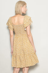 Yellow Floral Smocked Flutter Sleeve Dress